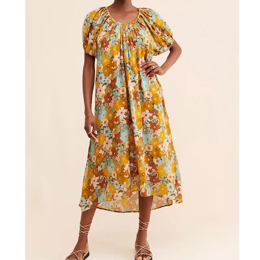 Sundry Retro Floral Midi Dress Anthropologie size 1 Small 4 6